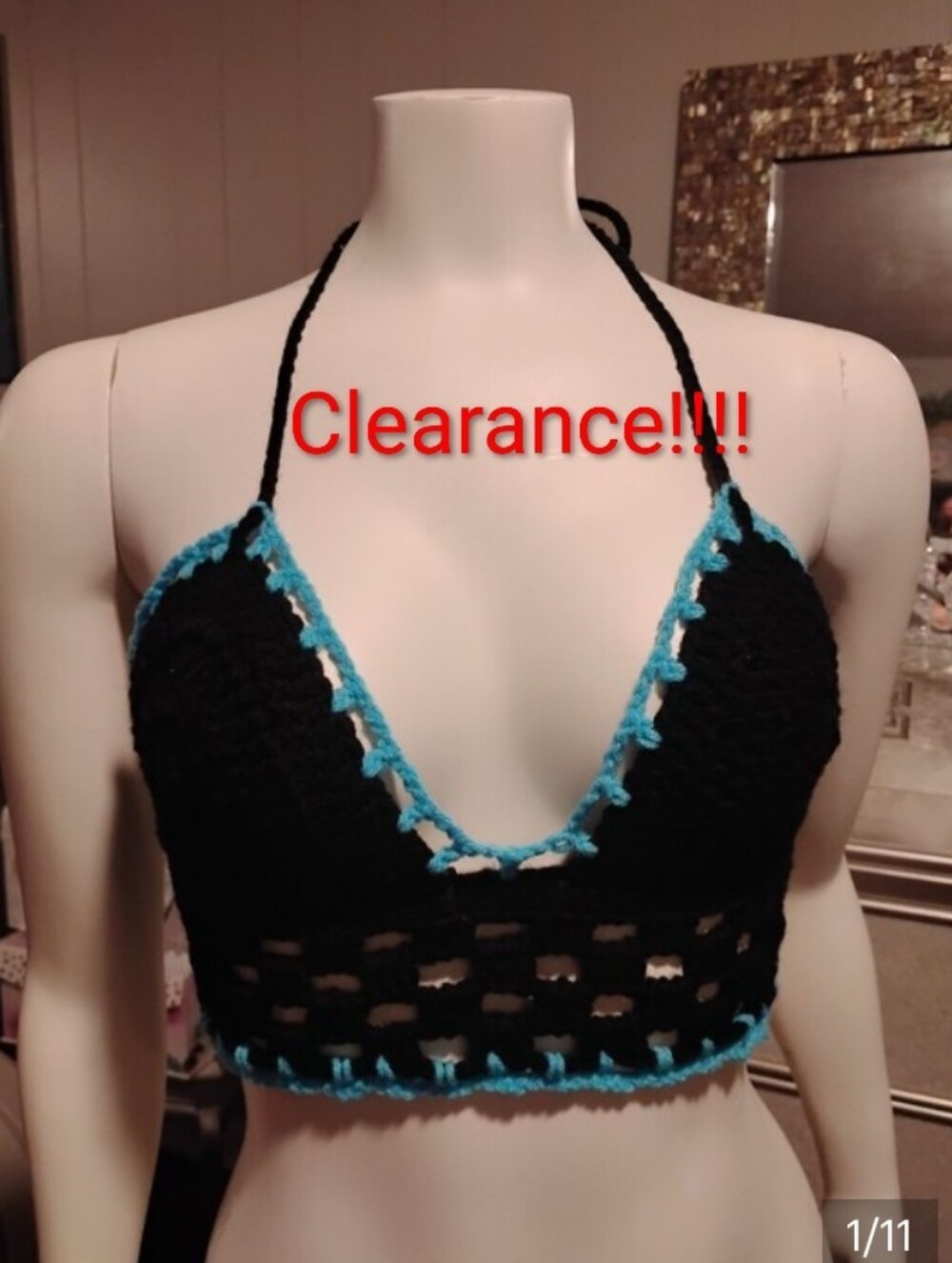 Handmade Black Crochet Bralette with Turquoise Trim